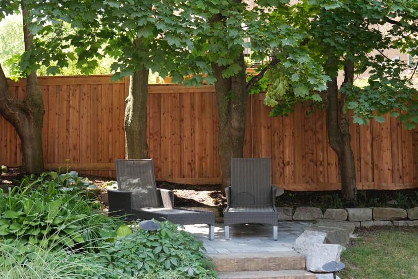 Wood fence with backyard structures